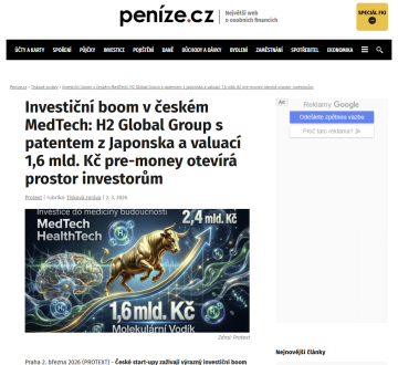 Investiční boom v českém MedTech: H2 Global Group s patentem z Japonska a valuací 1,6 mld. Kč pre-money otevírá prostor investorům