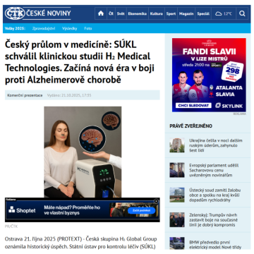 Český průlom v medicíně: SÚKL schválil klinickou studii H₂ Medical Technologies. Začíná nová éra v boji proti Alzheimerově chorobě.